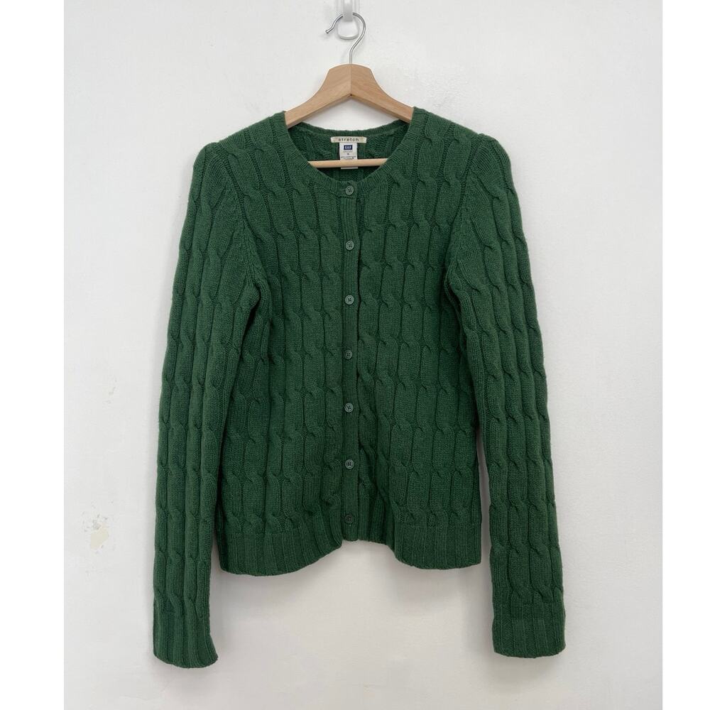 Vintage GAP Cable Knit Lambs’ Wool Kelly Green Crew Neck Cardigan - Medium
